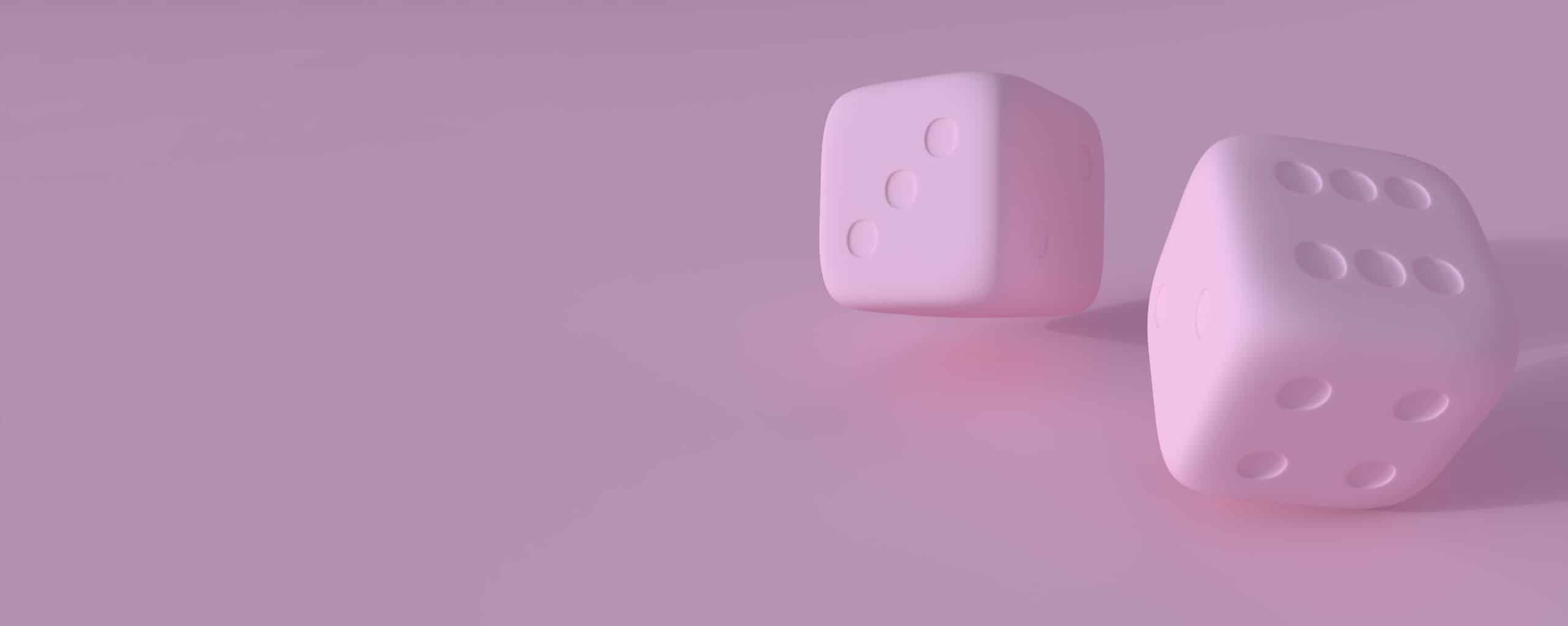 Two rolling dice, poker dice, ivories, bone, devil’s bones on bright background in purple pastel colors with copy space. Gaming and gambling. Random numbers. Luck and chance. 3D render illustration